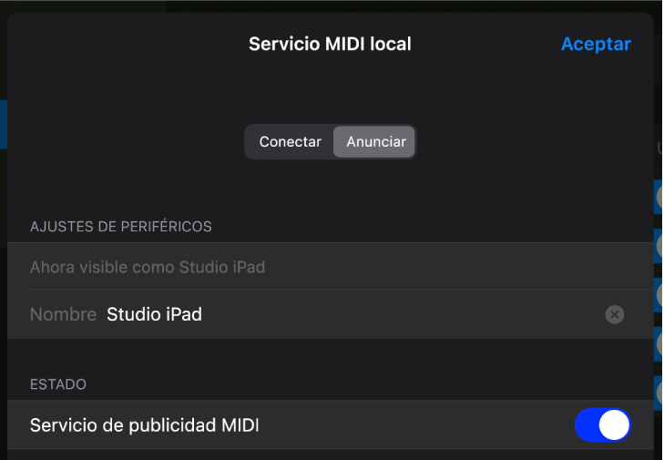 Cuadro de diálogo “Servicio MIDI local”.