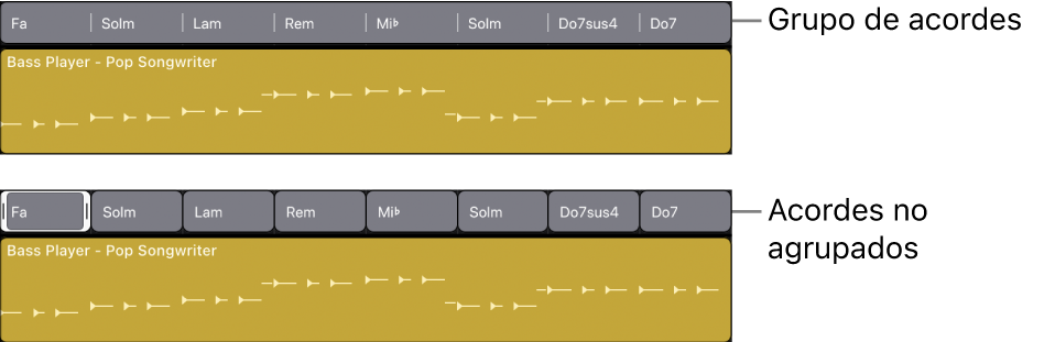 Ilustración. Grupo de acordes seleccionado, y luego desagrupado, en la pista de acordes.