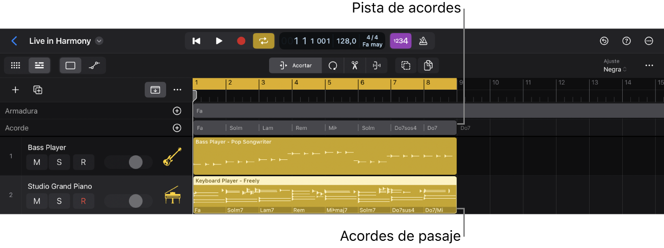 Ilustración. Área Pistas de Logic Pro con la pista de acordes con acordes y grupos de acordes, y el pasaje de Session Player con acordes del pasaje.