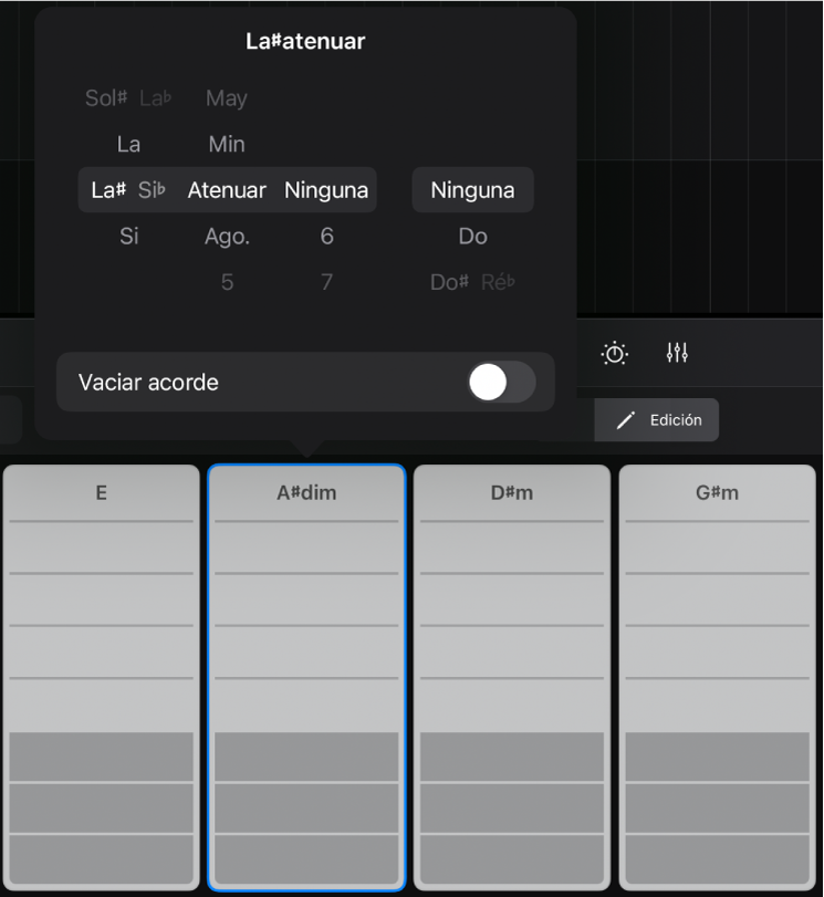 Ilustración. Edición de acordes en la superficie de interpretación “Tiras de acordes”.