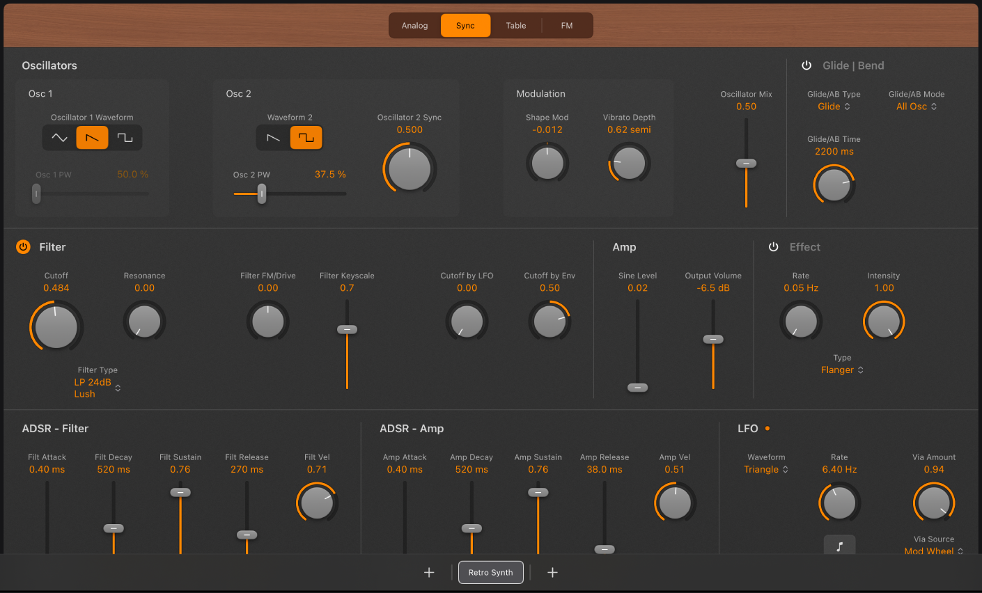 Figure. Paramètres Sync de l’oscillateur analogique Retro Synth.