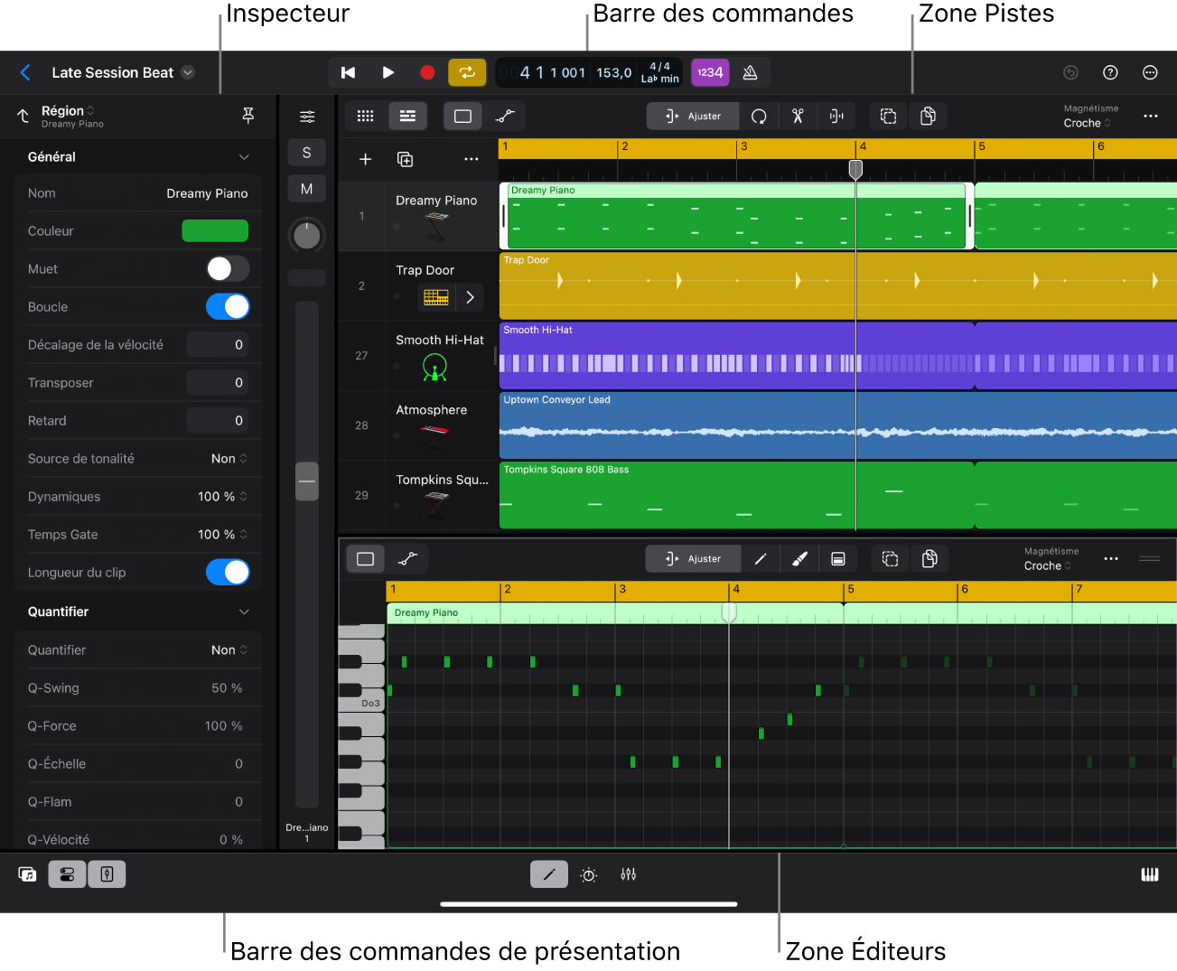 Figure. Interface Logic Pro montrant la zone de pistes, l’inspecteur et l’éditeur de partition défilante ouverts.