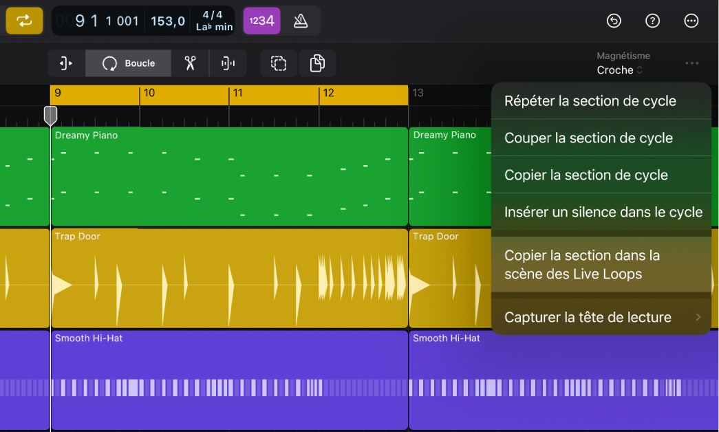 Figure. Bouton Plus de la barre des menus de la zone de pistes avec « Copier la section dans les Live Loops » en surbrillance.