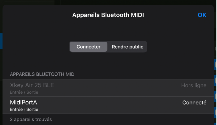 État de connexion des appareils Bluetooth.