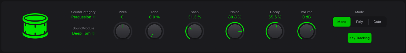 Figure. Interface Drum Synth avec son de percussion et paramètres correspondants.