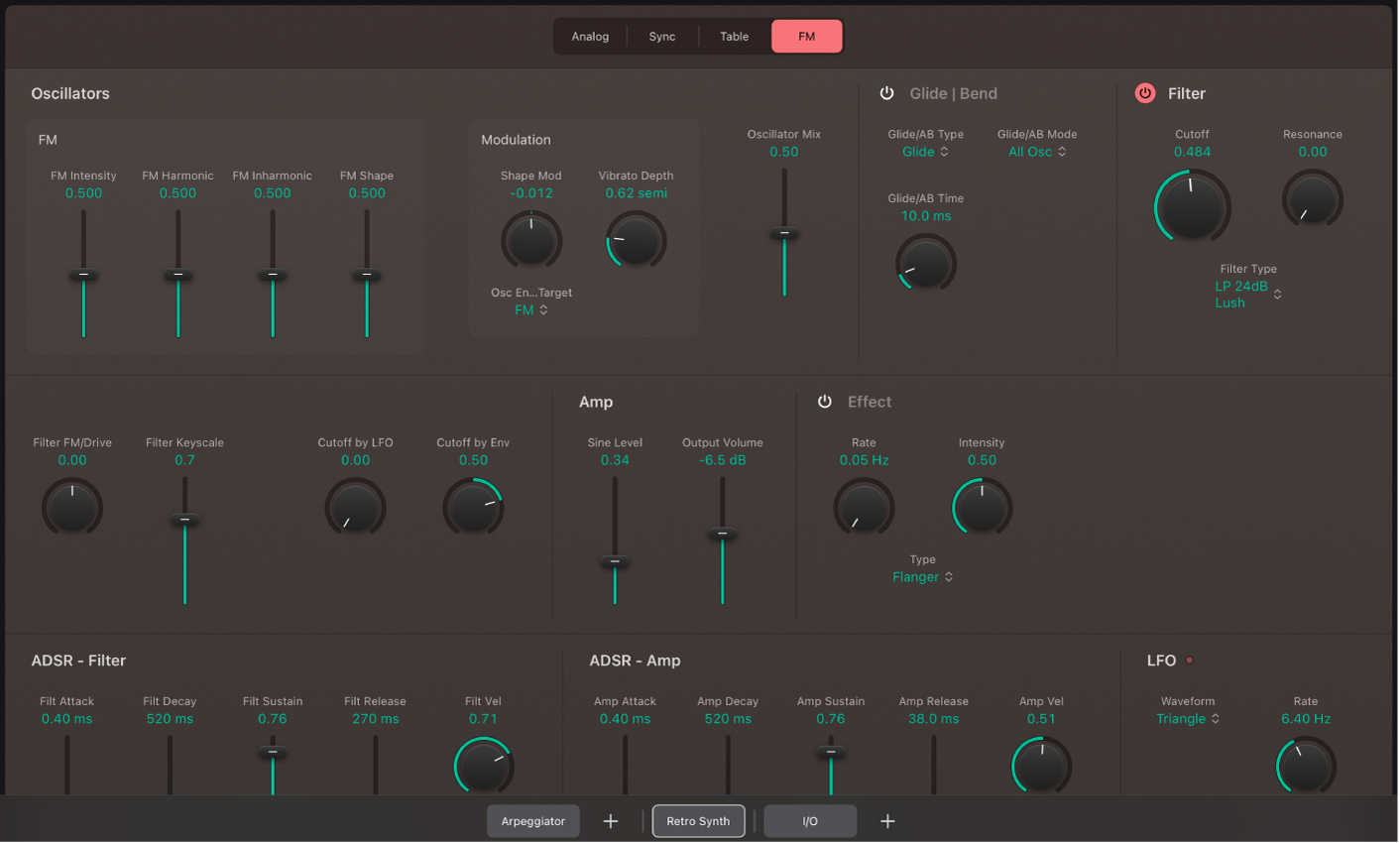 Figure. Paramètres de l’oscillateur FM de Retro Synth.