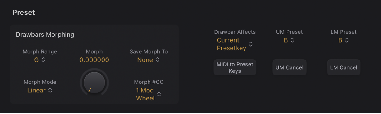 Figure. Commandes Preset et Morph du Vintage B3.