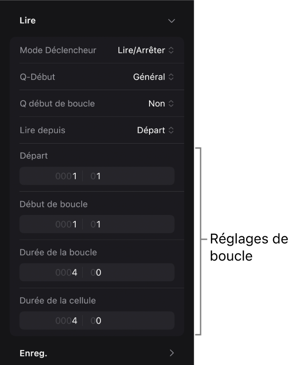 Figure. Réglages de boucle dans l’inspecteur de cellule.