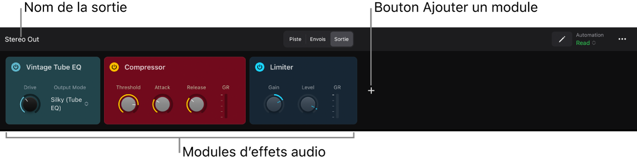 Figure. Présentation Sortie de la zone Modules affichant le nom de la sortie, des modules d’effets audio et le bouton « Ajouter le module ».