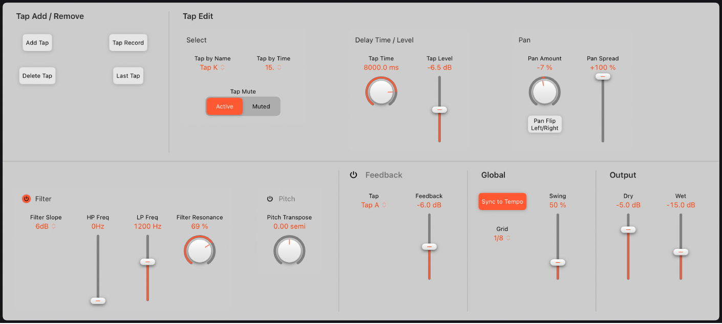 Figure. Fenêtre Delay Designer reprenant les zones principales de l’interface.