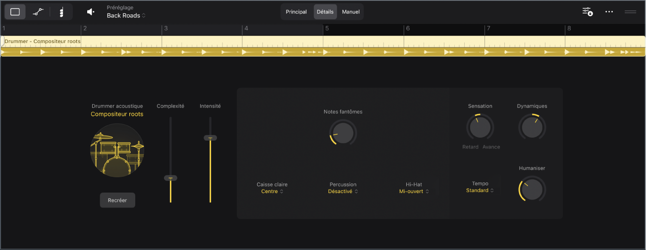 Figure. L’éditeur de Session Player montrant la présentation Détails du batteur acoustique.