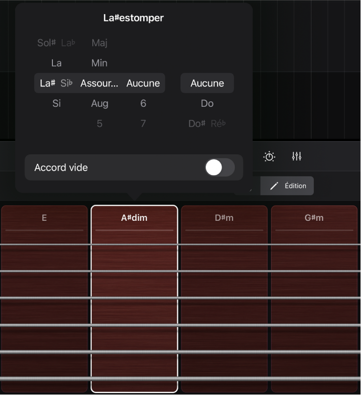 Figure. Modification d’accords dans la surface de lecture « Bandes de guitare ».