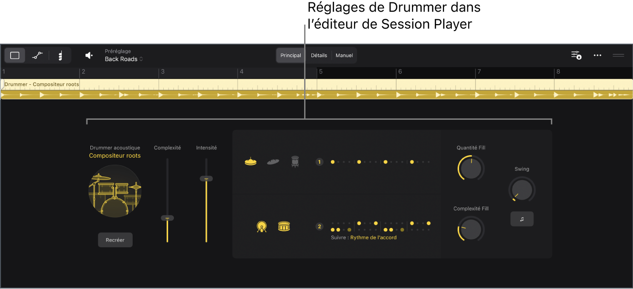 Figure. Éditeur de Session Player avec les réglages Drummer.