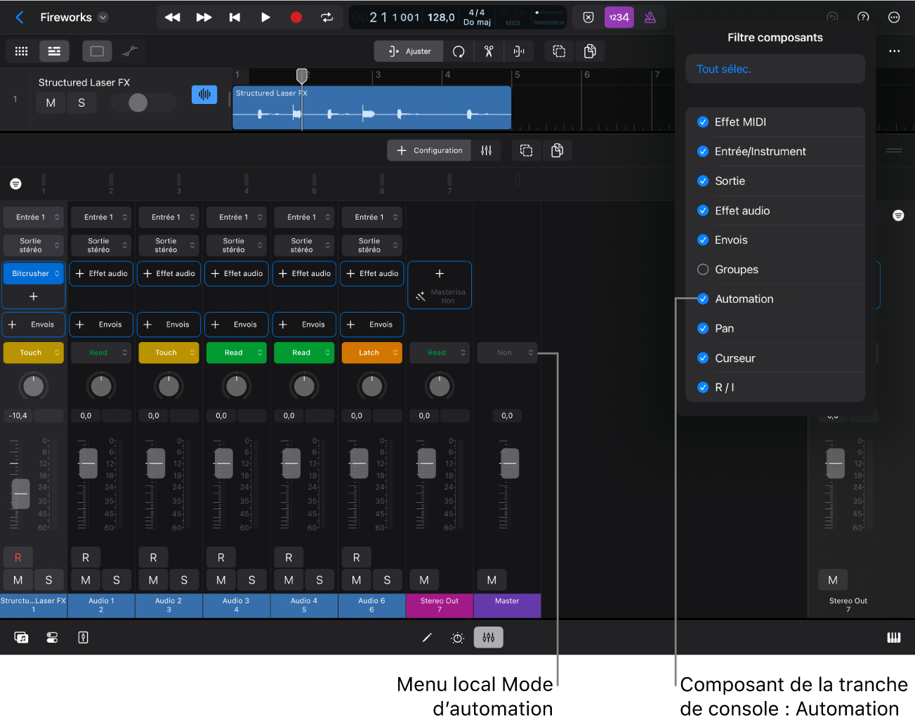 Figure. Menu local « Mode d’automation » dans la table de mixage.