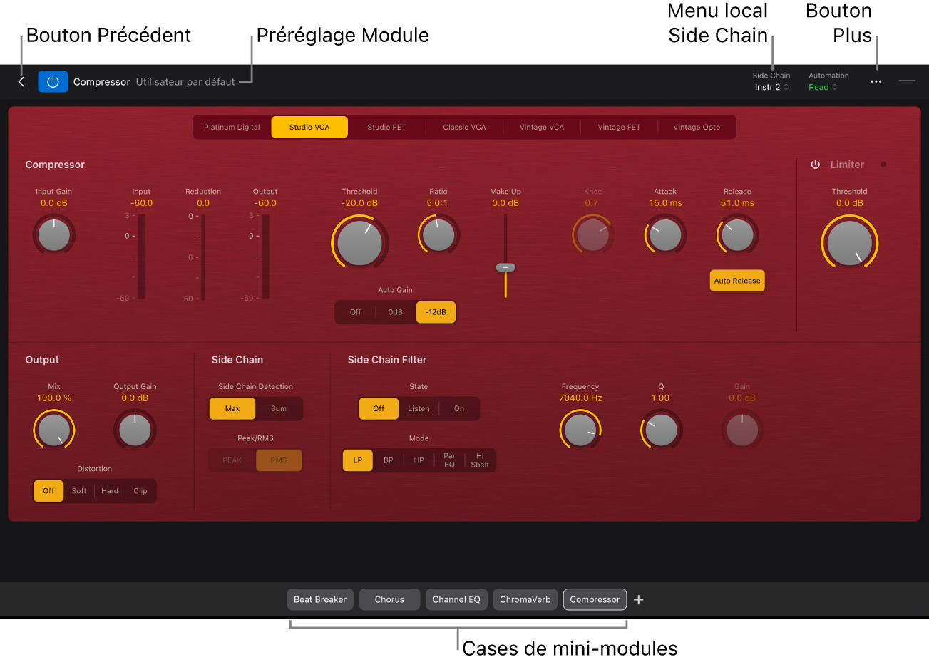 Figure. Module Compressor ouvert dans la présentation Détails affichant le bouton Retour, le menu des préréglages de module, le menu local « Side Chain » et les mosaïques miniatures de modules.