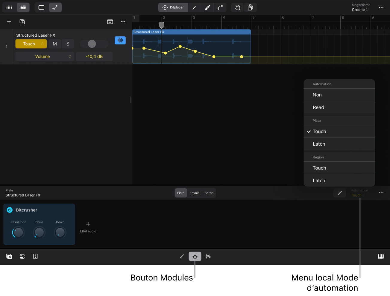 Figure. Menu local « Mode d’automation » dans la zone Modules.