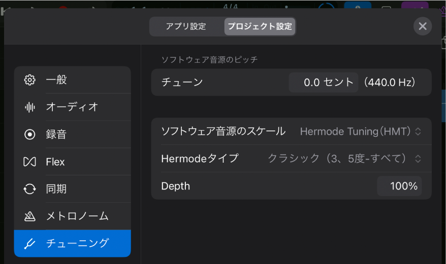 「チューニング」プロジェクト設定。