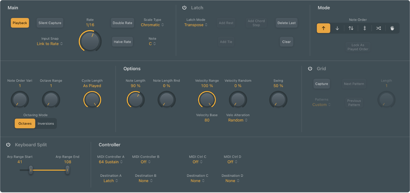 図。Arpeggiatorウインドウ。主なインターフェイス領域が表示されている。