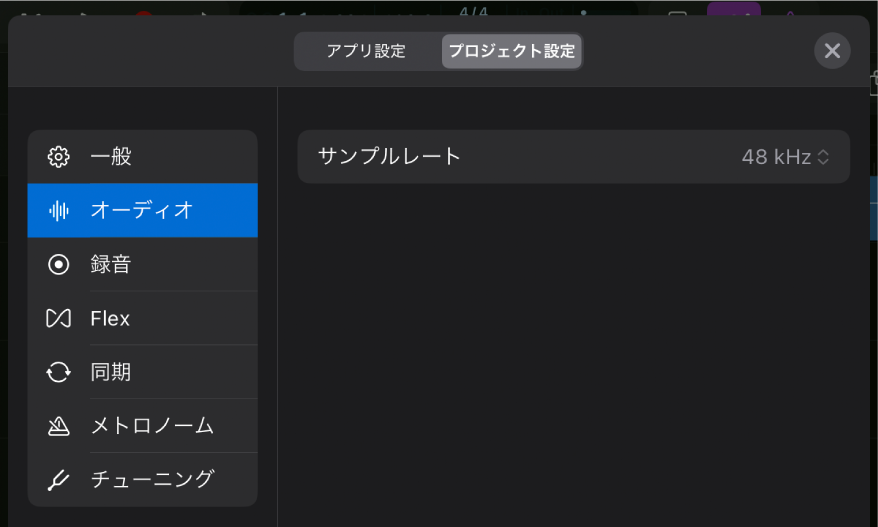 「オーディオ」プロジェクト設定。