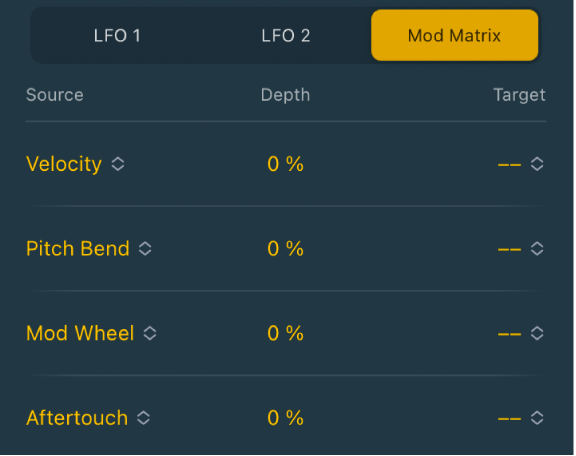 図。Quick Samplerの「Mod Matrix」パネル。4つのモジュレーションルーティングが表示されています。