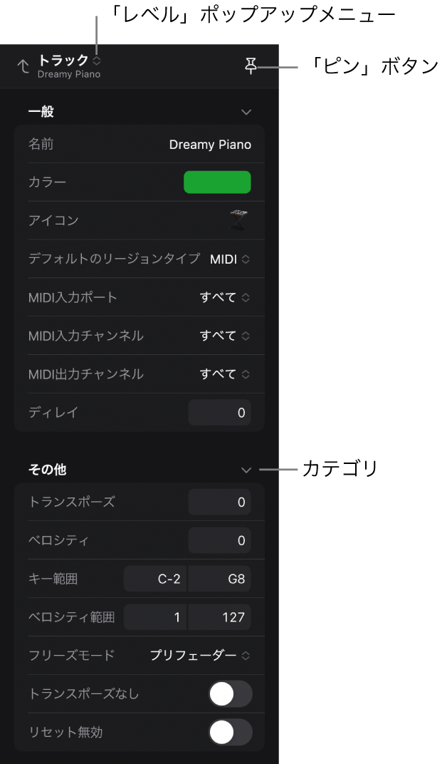 図。インスペクタ。トラックパラメータ、「レベル」ポップアップメニュー、「ピン」ボタンが表示されています。