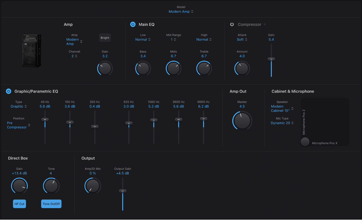 図。Bass Amp Designerウインドウ。主なインターフェイス領域が表示されている。