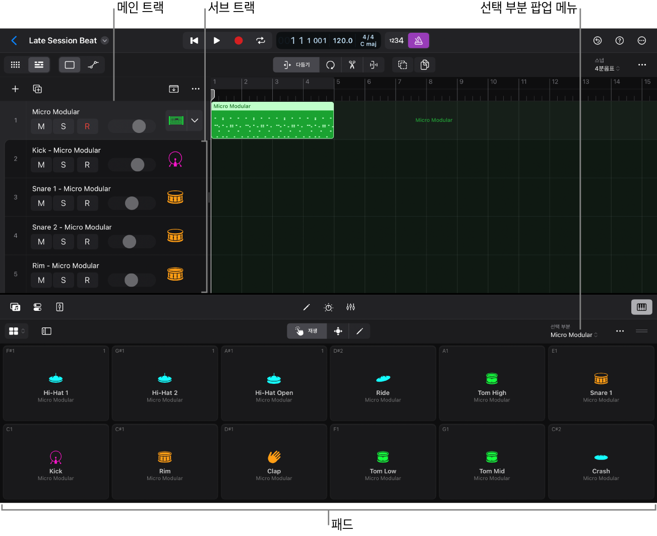 확장된 Track Stack 및 Drum Machine Designer 플레잉 서피스.