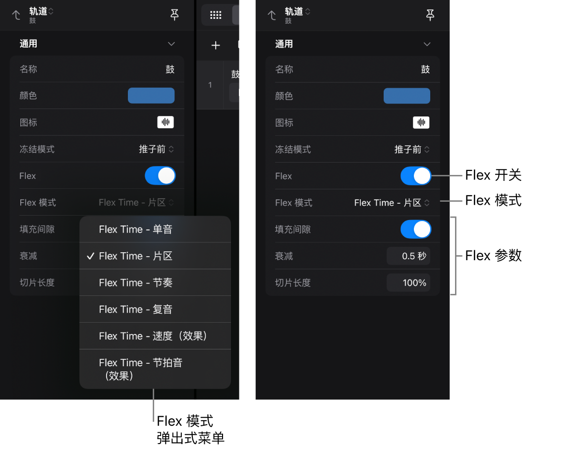 图。轨道检查器显示 Flex 设置。