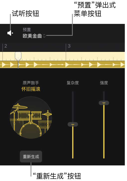 图。伴奏乐手编辑器中的“试听”按钮、“预置”弹出式菜单按钮和“重新生成”按钮。