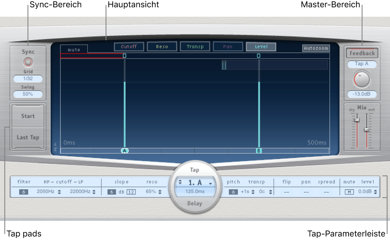 Abbildung. Delay Designer-Fenster mit Haupt-Interface-Bereichen