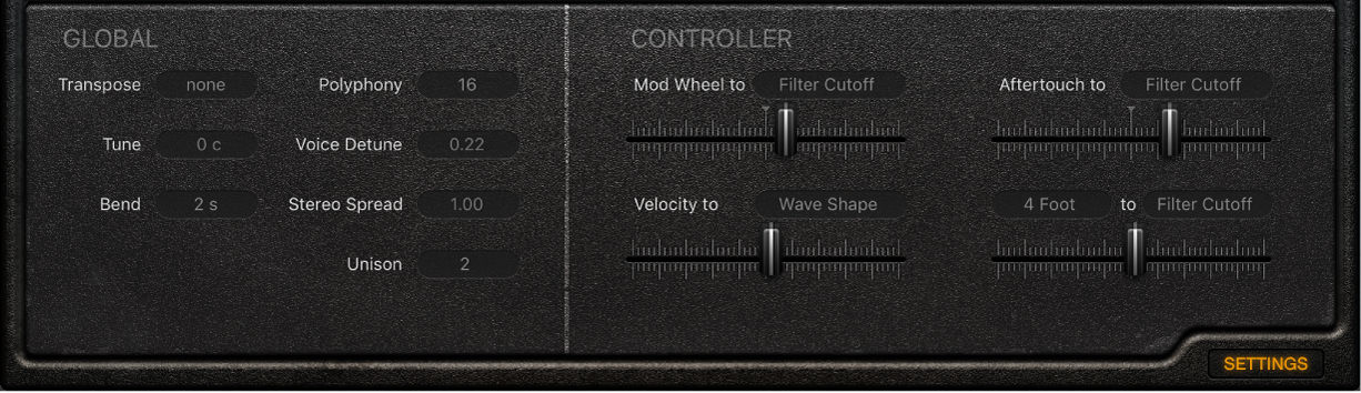 Figure. Retro Synth Global and Controller parameters.