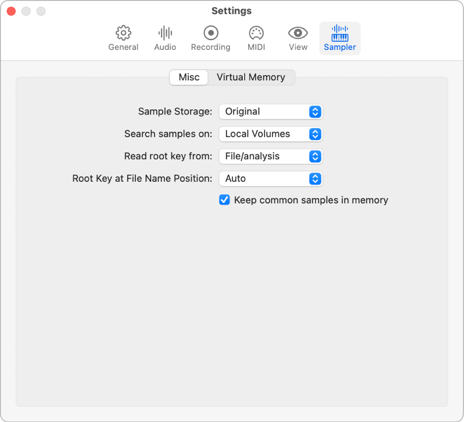 Sampler Misc settings pane.