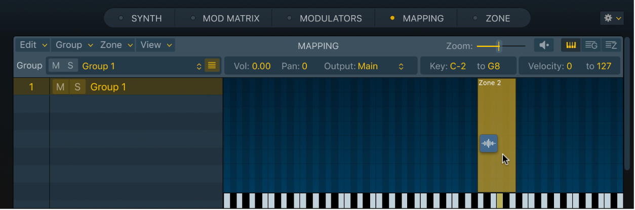 Ilustración. Editor de asociaciones de teclas de Sampler, que muestra un archivo de audio arrastrado a una zona vacía.