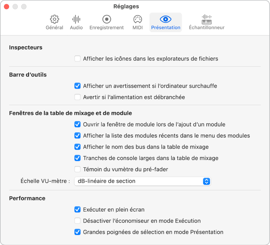 Figure. Sous-fenêtre des réglages d’affichage.