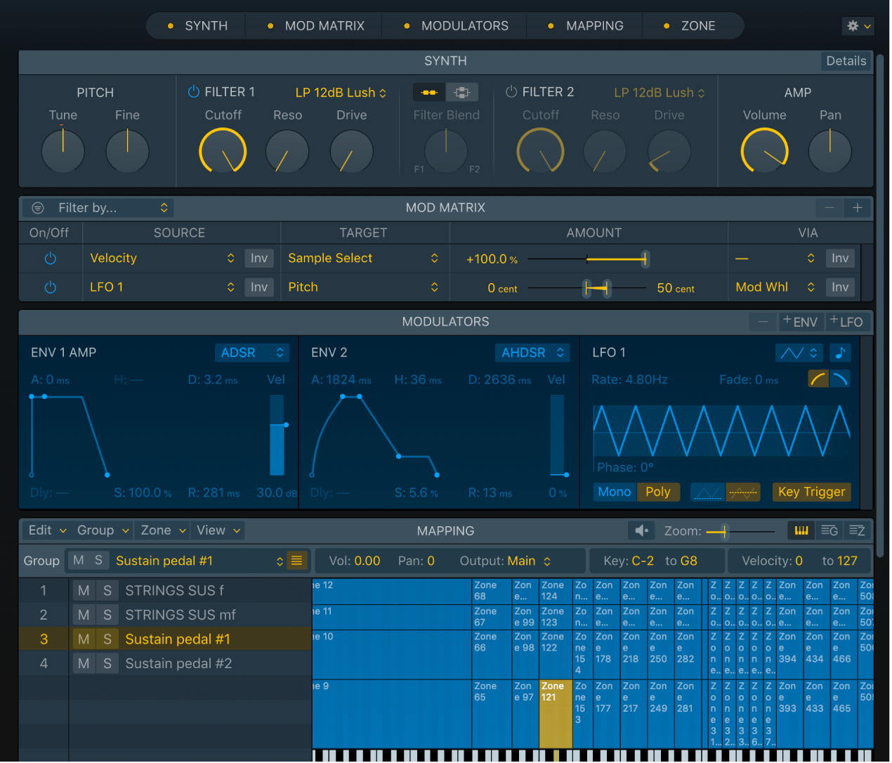 図。「Synth」パネル、「Mod Matrix」パネル、「Modulators」パネル、「Zone」パネルが表示された、Samplerのインターフェイス。