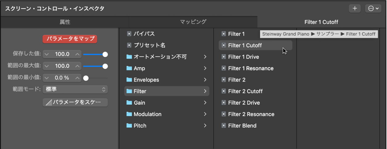 図。マップされているパラメータの名前が表示されている「マッピングなし」タブと、そのパラメータのパス全体が表示されているタグ。