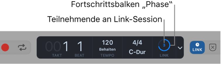 Abbildung. LCD mit Anzeige der Ableton Link-Synchronisierung und der Anzahl der Teilnehmenden der Sitzung