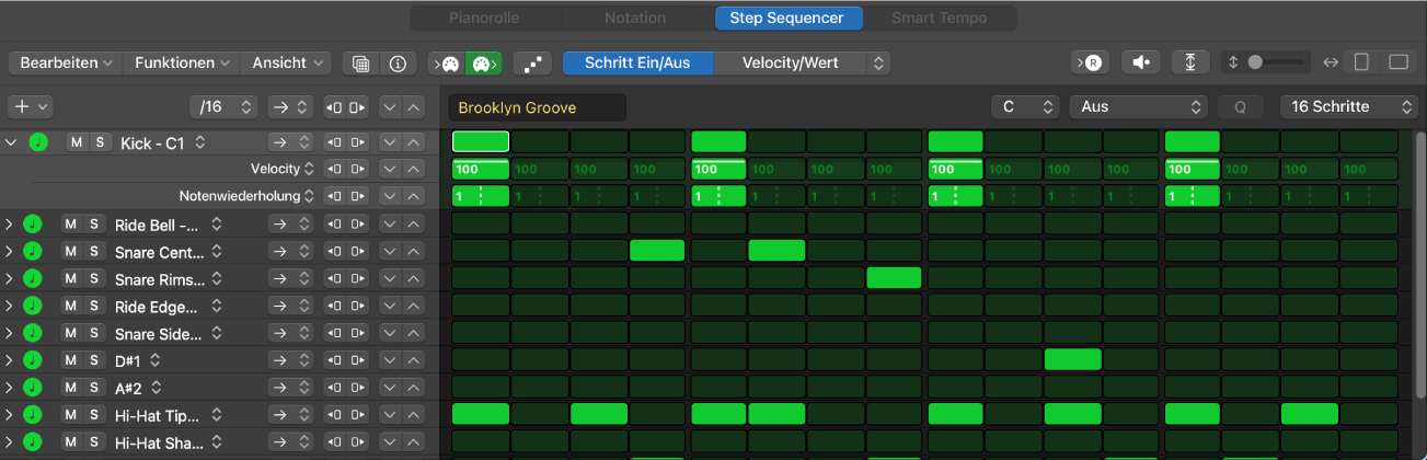 Abbildung. Fenster „Step Sequencer“ mit Tastenbeschriftungen