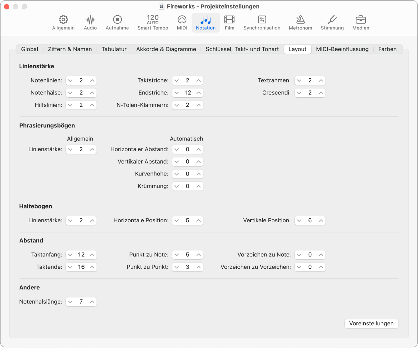 Abbildung. Projekteinstellungsbereich „Notation“ > „Layout“