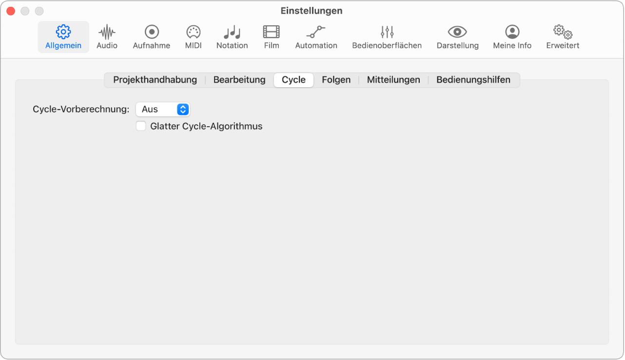 Abbildung. Einstellungsbereich „Allgemein“ > „Cycle“.