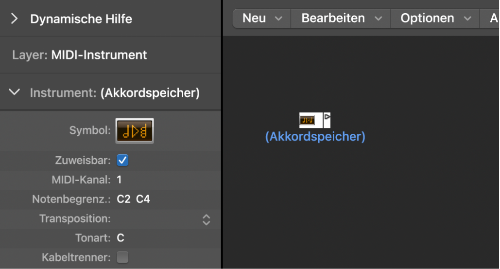 Abbildung. Environment-Fenster mit Anzeige eines Akkordspeicher-Objekts und des zugehörigen Informationsfensters