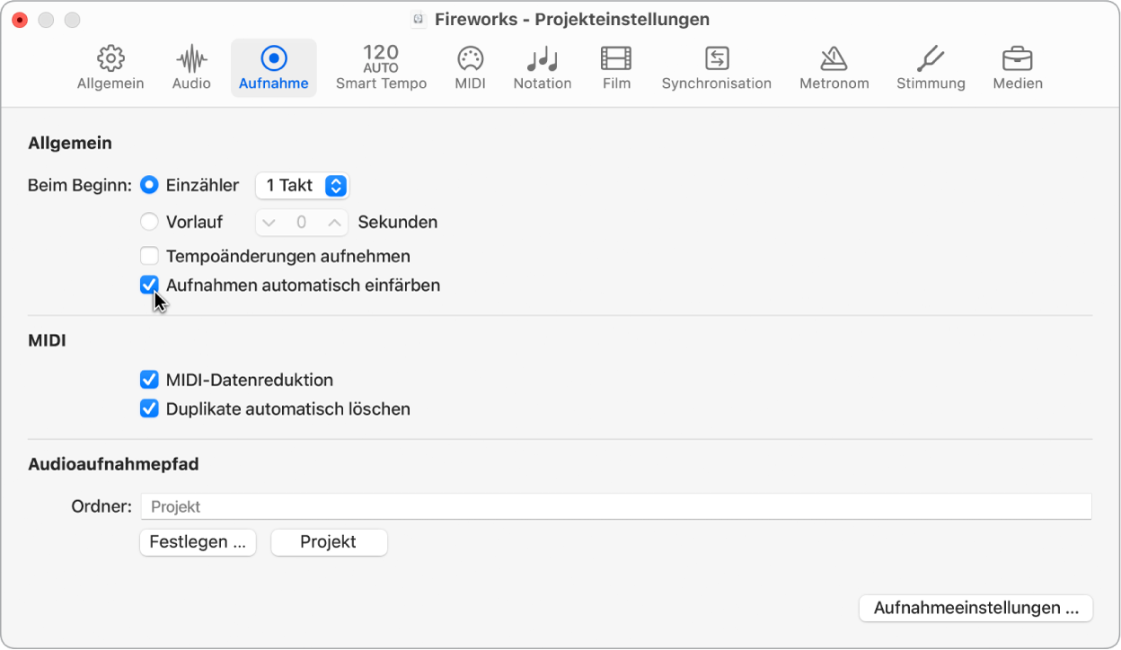 Abbildung. Auswählen von „Automatisch eingefärbte Takes“ im Bereich mit den Projekteinstellungen für die Aufnahme