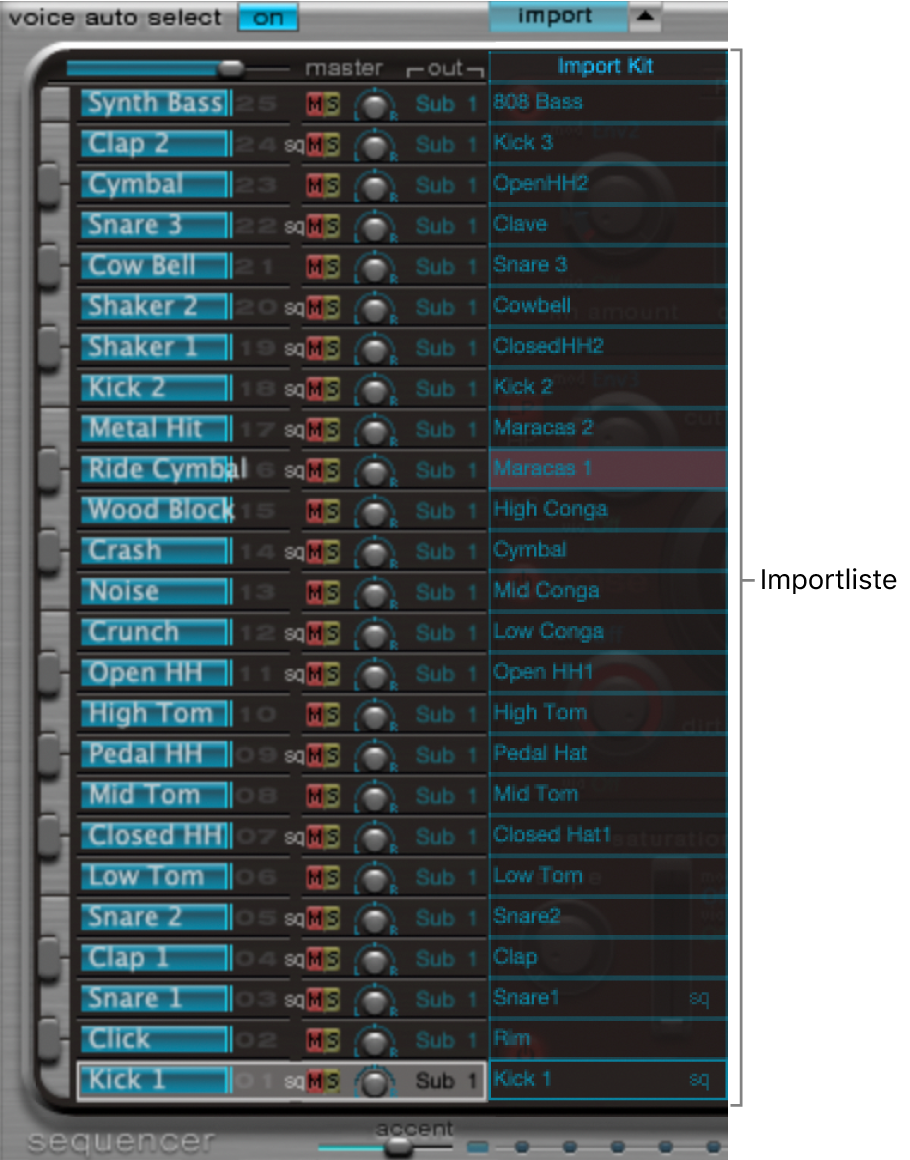 Abbildung. Liste der Sounds im Zuordnungsbereich und in der Importliste