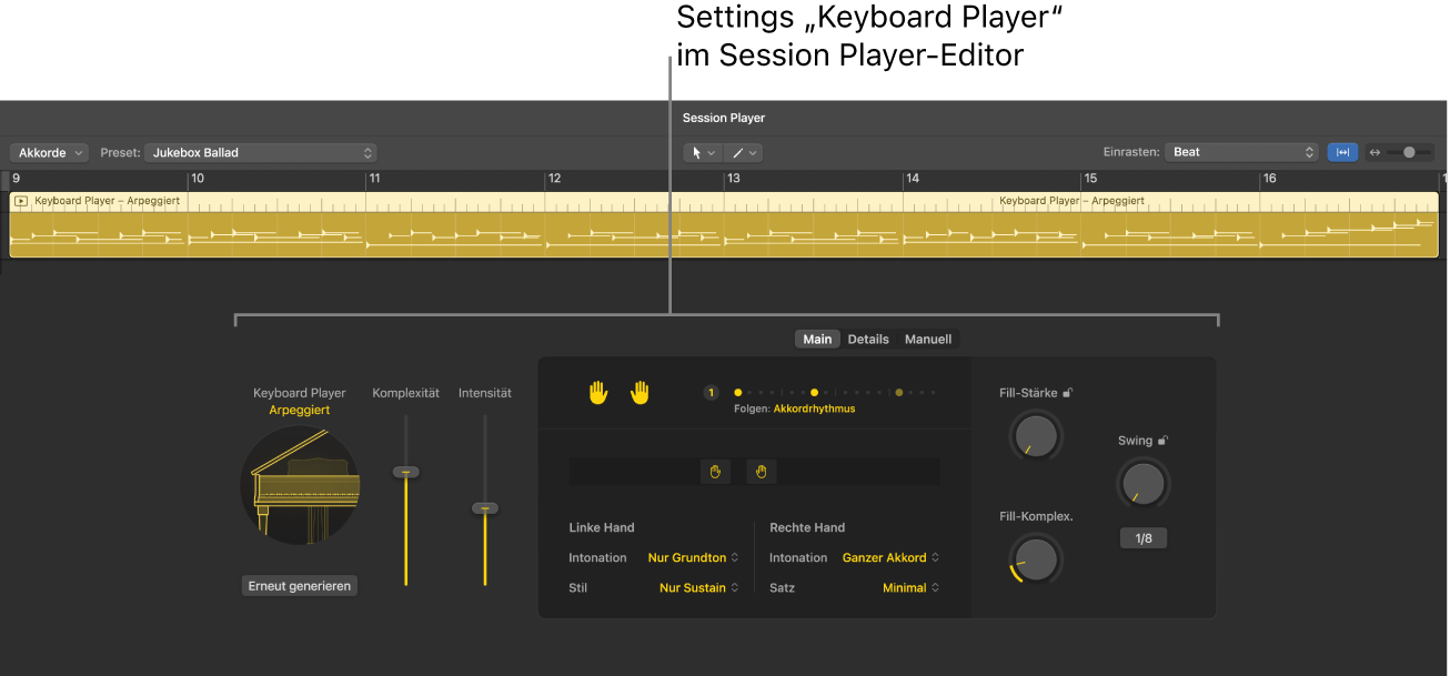 Abbildung. Der Session Player-Editor mit den Einstellungen „Keyboard Player“