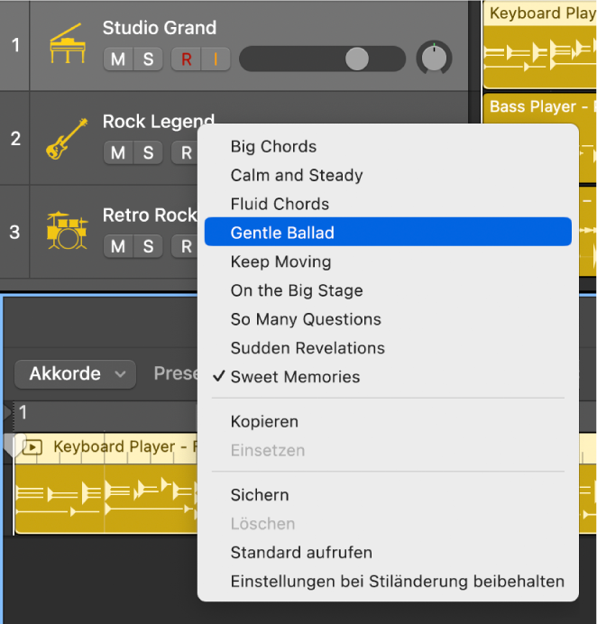 Abbildung. Einblendmenü „Presets“ im Session Player-Editor