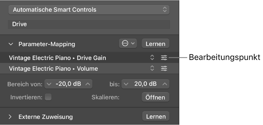 Abbildung. Bereich „Parameter-Mapping“ mit einem Mapping und dessen Steuerelement