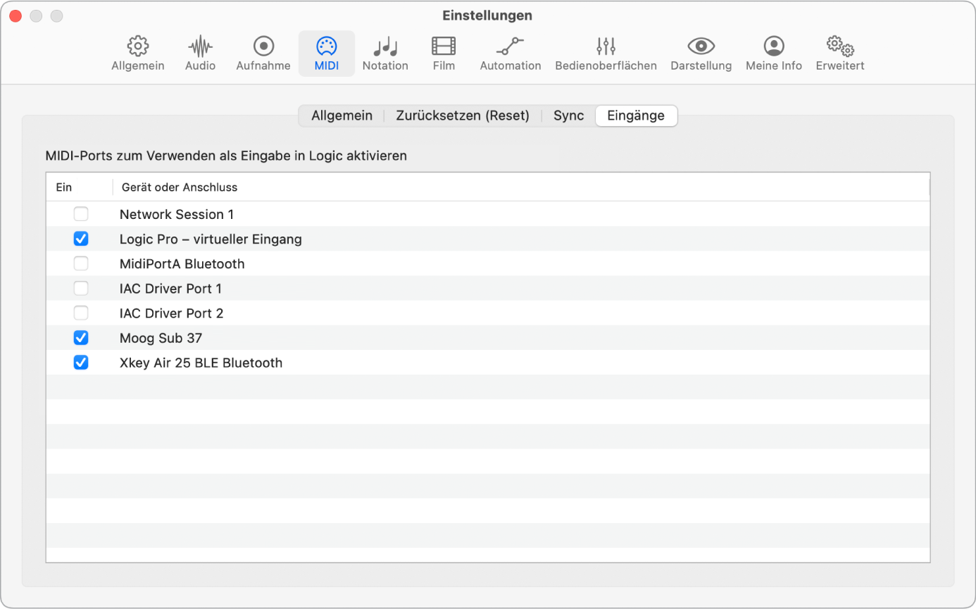 Abbildung. Einstellungsbereich „MIDI“ > „Eingänge“