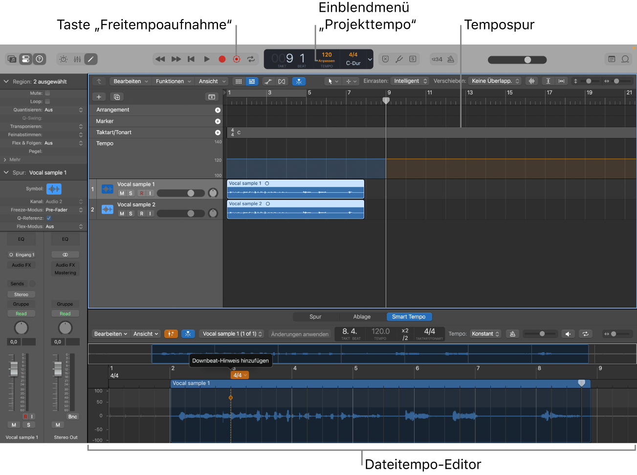 Abbildung. Projekt mit Aufnahme, ausgewähltem Modus „Anpassen“, Tempowechsel auf de Tempospur und geöffnetem Editor „Smart Tempo“.