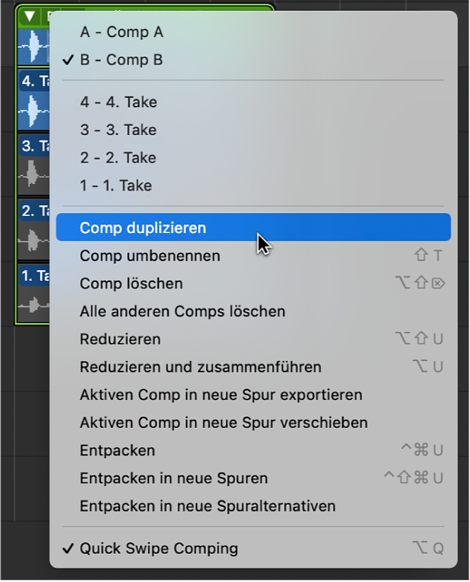 Abbildung. Auswählen von „Comp duplizieren“ im Einblendmenü