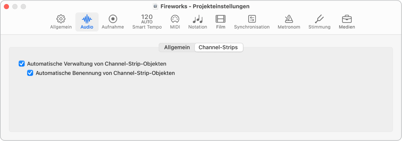 Abbildung. Projekteinstellungen „Channel-Strips“.